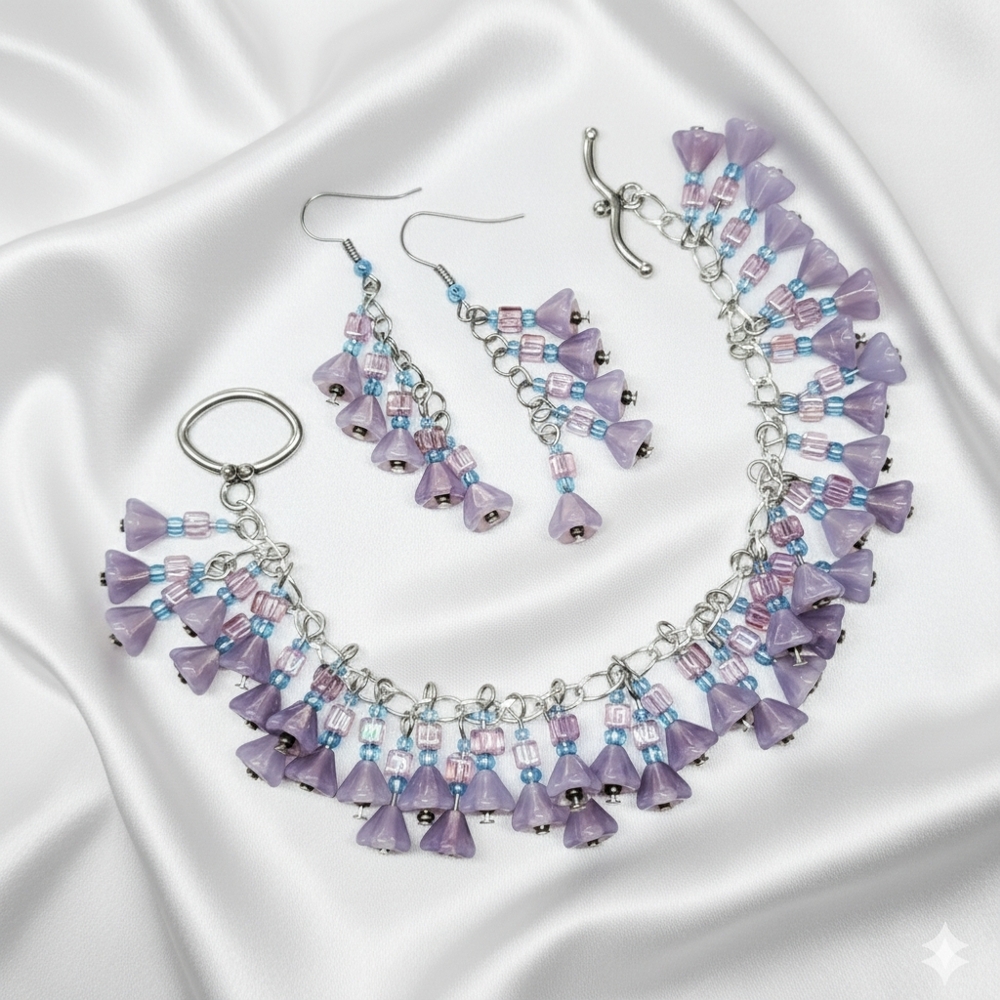 Bracelet 7" Beaded Charm Earrings Set Handmade Purple Czech Glass Flower Dangle